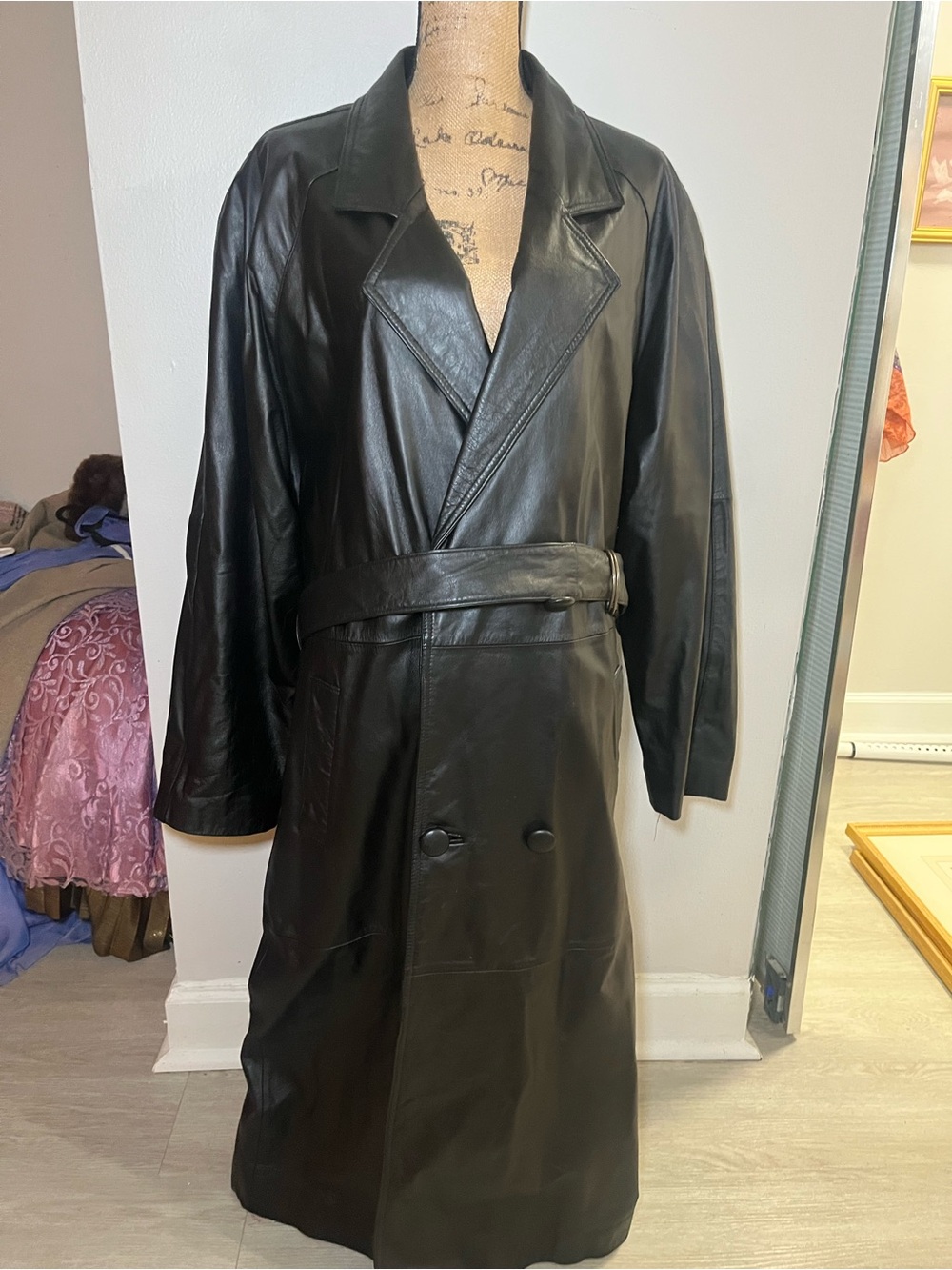 Vintage Black Leather Full Length Trnxh Coat Large